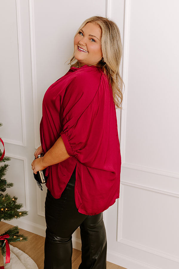Elegant Satin V-Neck Shift Top - Wine Curves Collection