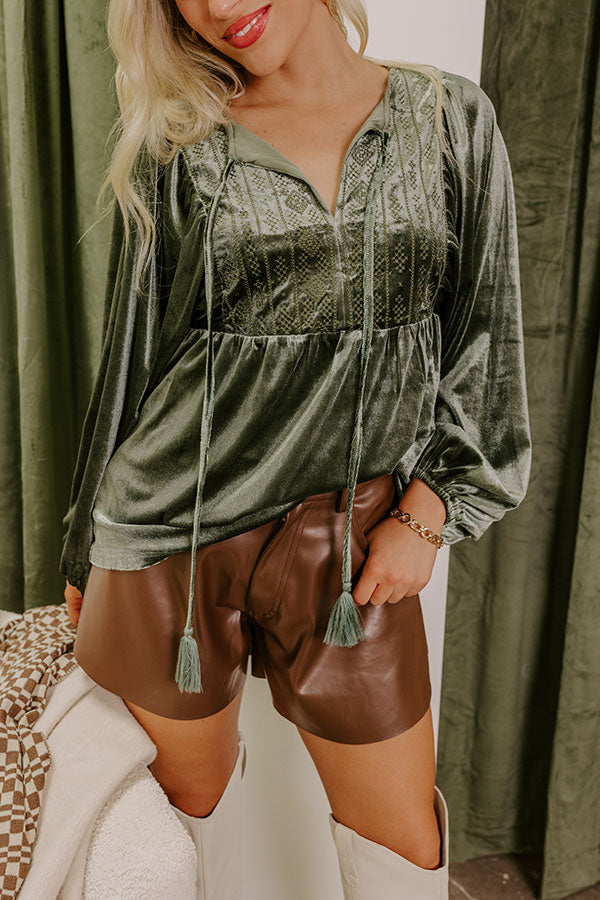 Premium Velvet Babydoll Top - Olive Elegance