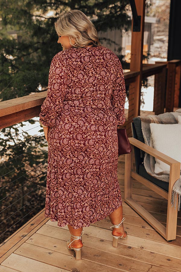 Premium Merlot Floral Midi Dress - Effortlessly Chic