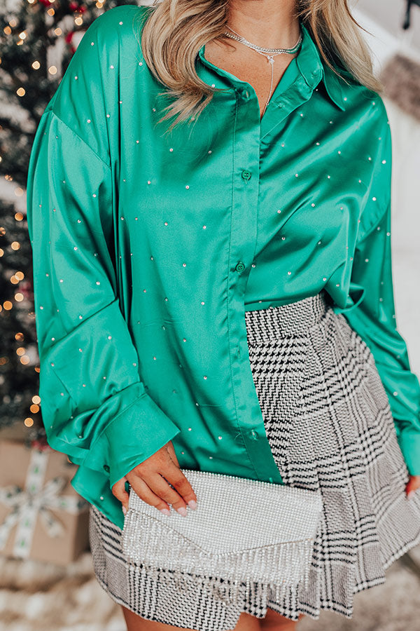 Premium Milan Muse Rhinestone Satin Blouse - Kelly Green Elegance