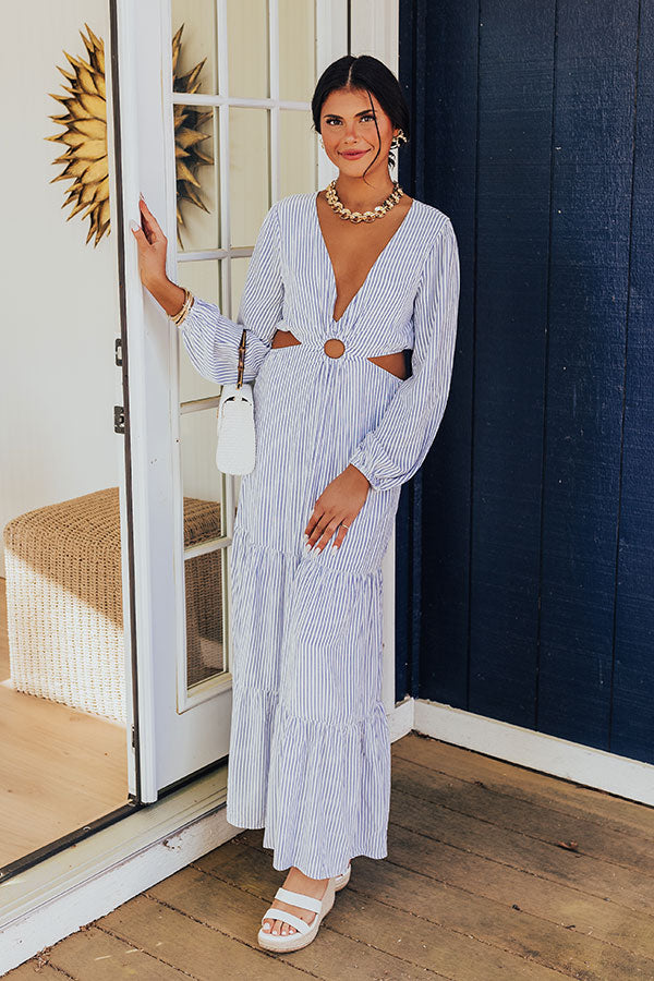 Premium Blue Striped Maxi Dress with Side Cut-Outs