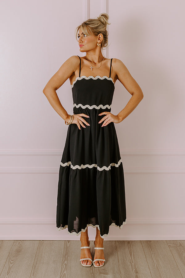 Ultimate Boho Bliss Scalloped Midi Dress - Black