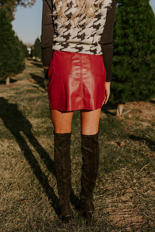Premium Roman Holiday Faux Leather Mini Skirt in Crimson