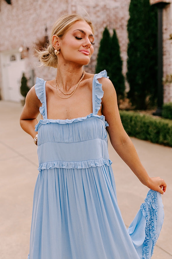 Premium Sky Blue Ruffle Midi Dress - Bayside Bliss Collection