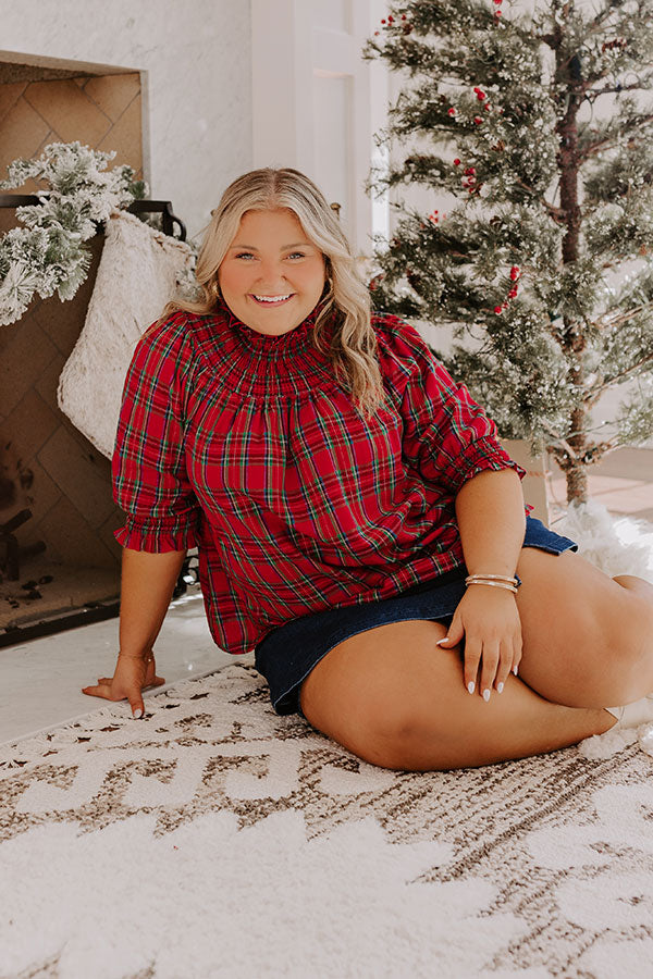 Premium Holiday Harmony Smocked Plaid Top for Curves