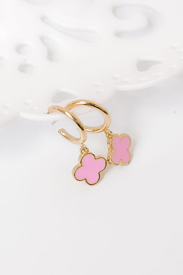 Premium Huggie Hoop Earrings with Quatrefoil Charms