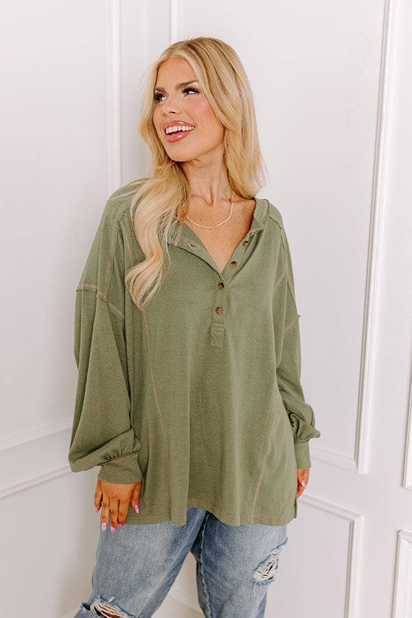 Premium Cafe Cutie Henley Tee - Olive Curves | Ultimate Comfort & Style