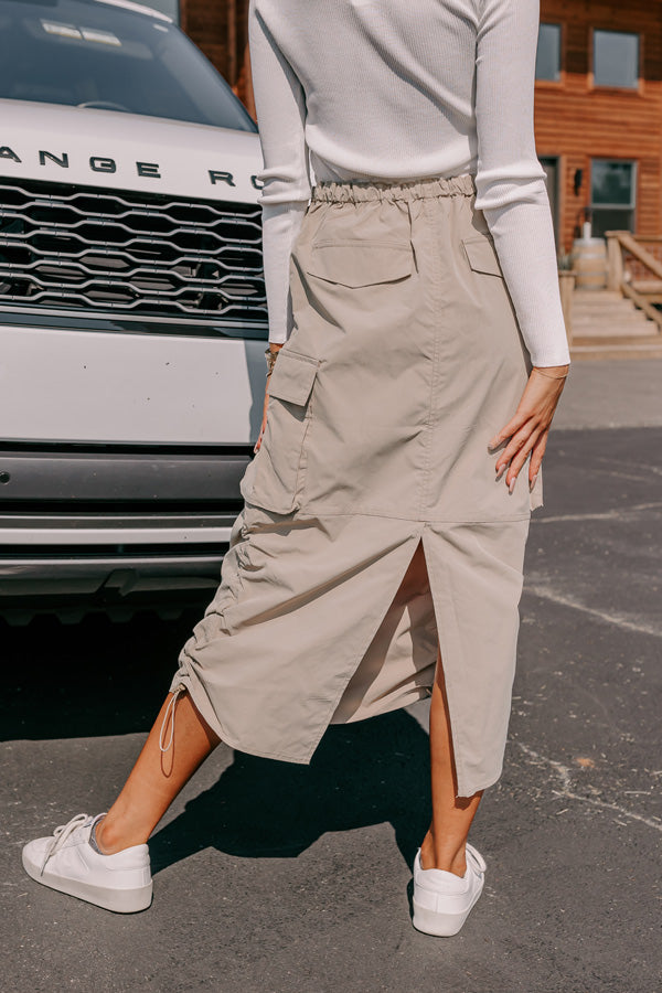 Ultimate Comfort Cool Energy Cargo Midi Skirt in Warm Taupe