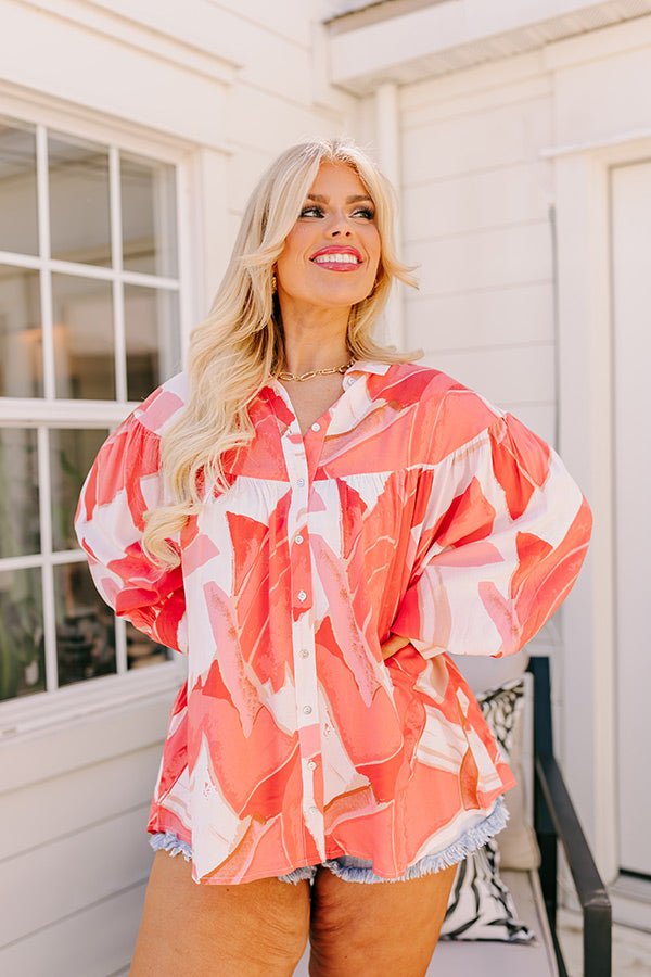 Premium Coral Button-Up Blouse for Curves