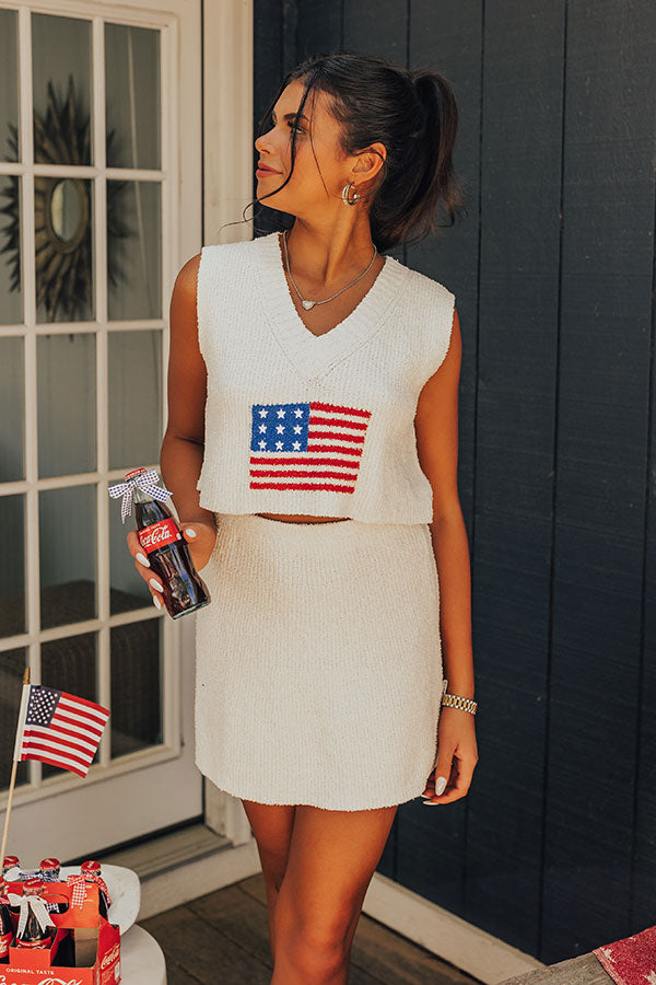 Premium American Flag Knit Crop Top - White