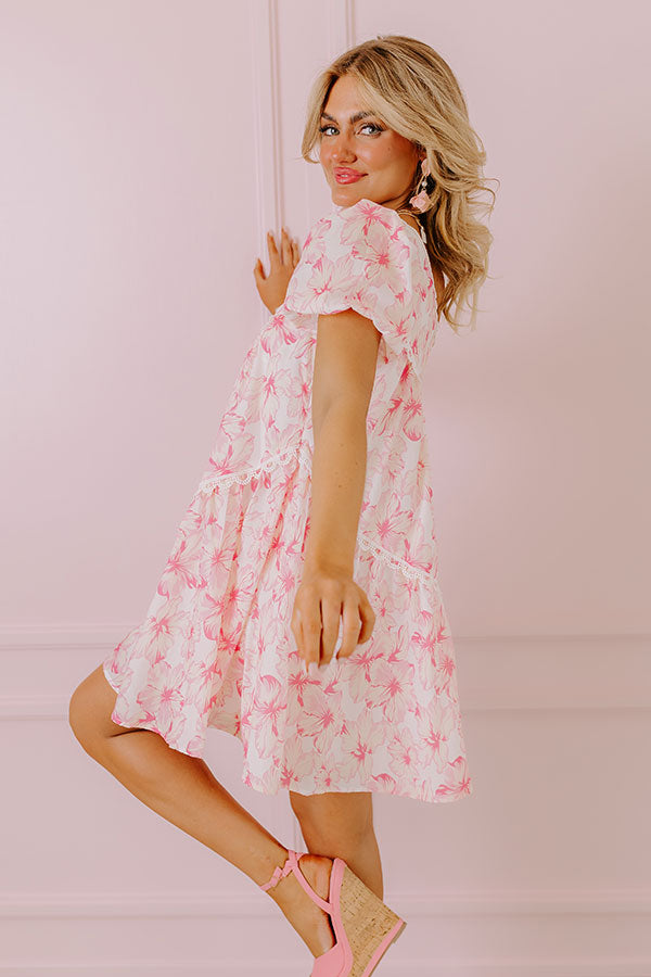 Premium Floral Asymmetrical Mini Dress - Pink Botanical Elegance