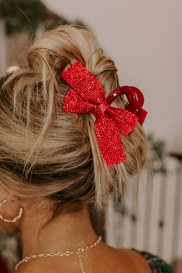 Premium Glam Rhinestone Bow Hair Claw Clip - Red