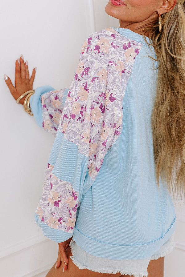 Premium Floral Ribbed Top - Sky Blue Spring Essential