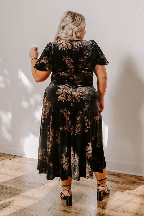 Premium Maple & Mahogany Floral Velvet Midi Dress