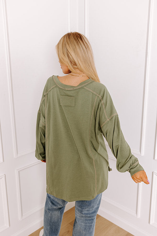 Premium Cafe Cutie Henley Tee - Olive Curves | Ultimate Comfort & Style