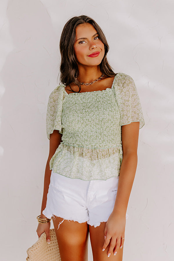 Premium Peonies Smocked Blouse in Vibrant Lime