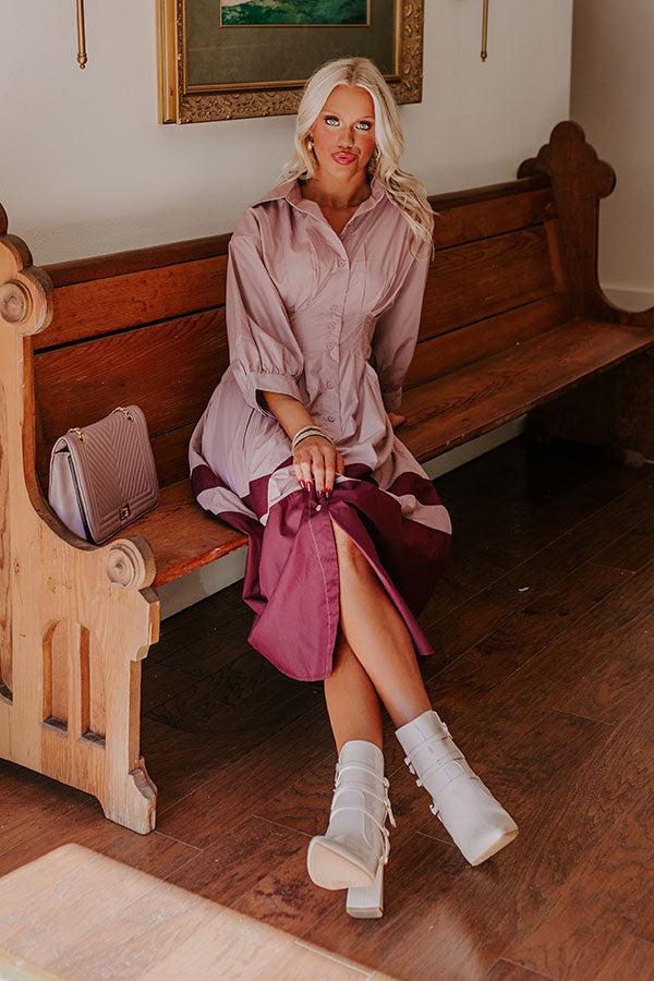 Ultimate Romantic Button Down Midi Dress in Dusty Purple