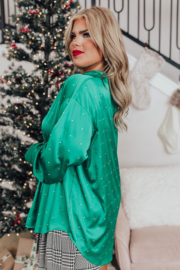 Premium Milan Muse Rhinestone Satin Blouse - Kelly Green Elegance