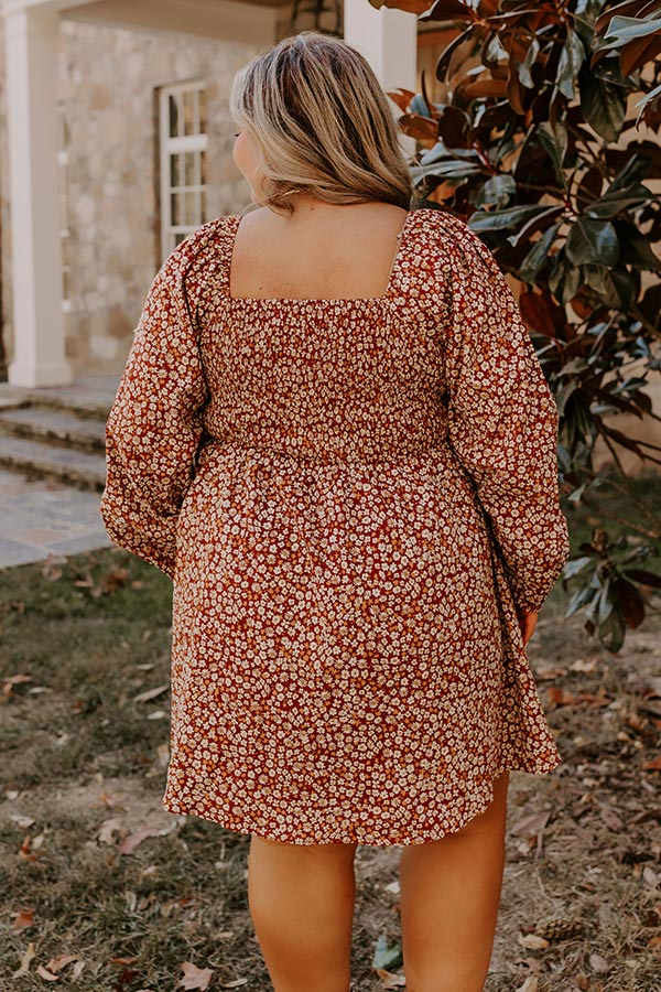 Ultimate Harvest Cutie Floral Mini Dress - Dark Rust Elegance