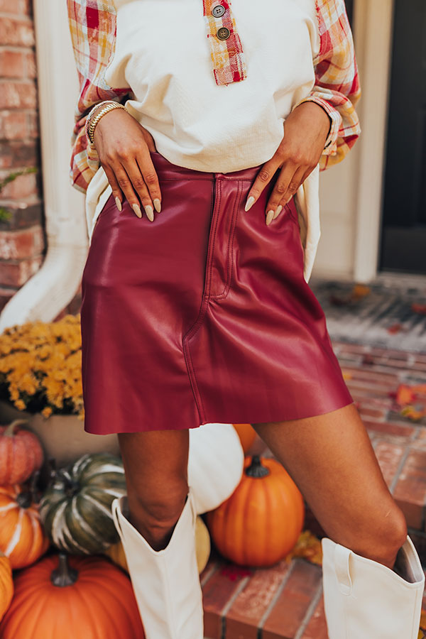 Premium Roman Holiday Faux Leather Mini Skirt in Crimson