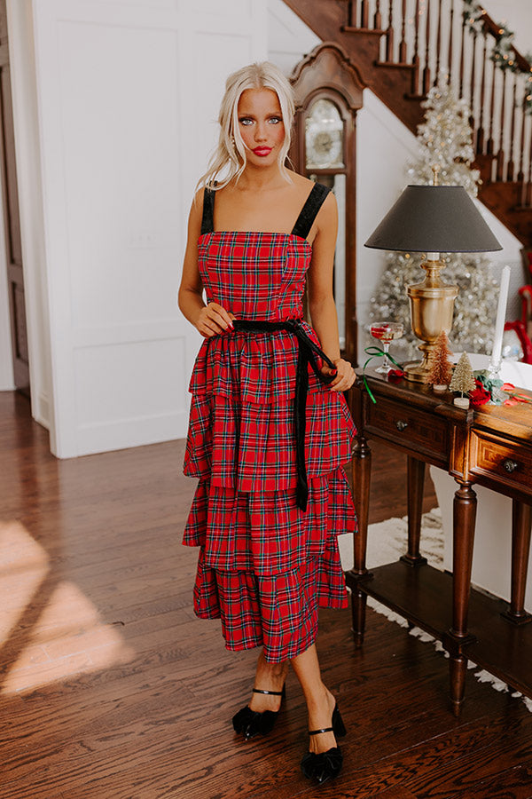 Premium Holiday Harmony Plaid Tiered Midi Dress