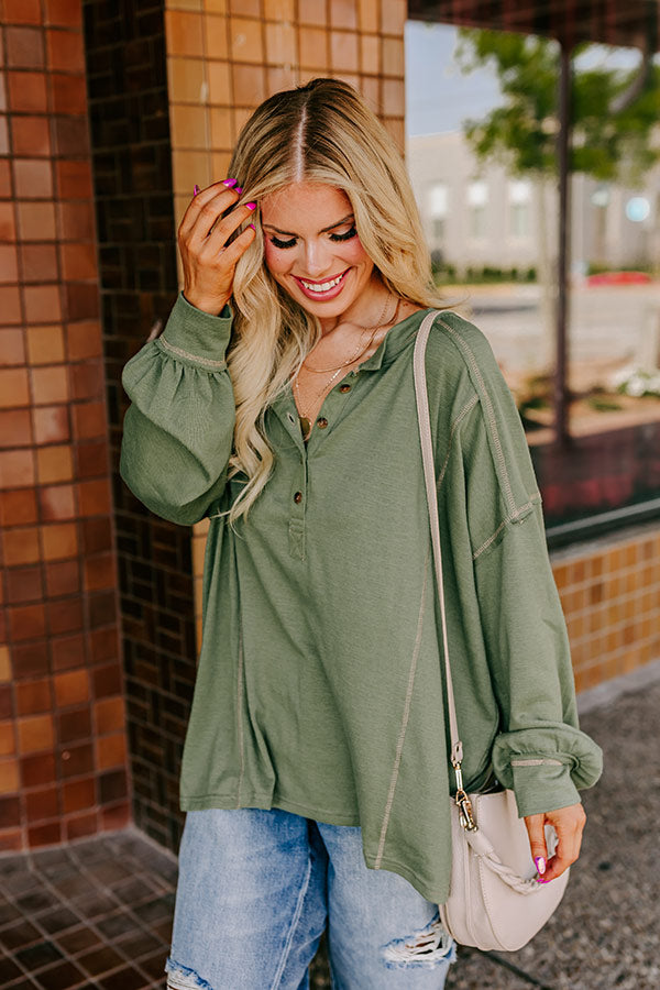 Premium Cafe Cutie Henley Tee - Olive Curves | Ultimate Comfort & Style