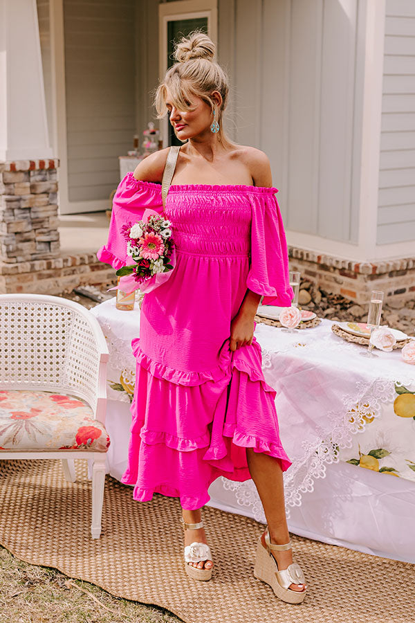 Premium Hot Pink Smocked Midi Dress - Ultimate Beach Style