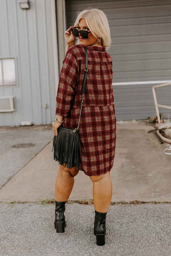 Premium Wine Plaid Tunic Dress - Ultimate Comfort for Curves