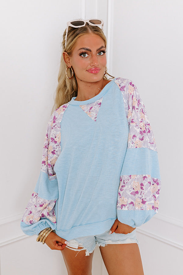 Premium Floral Ribbed Top - Sky Blue Spring Essential