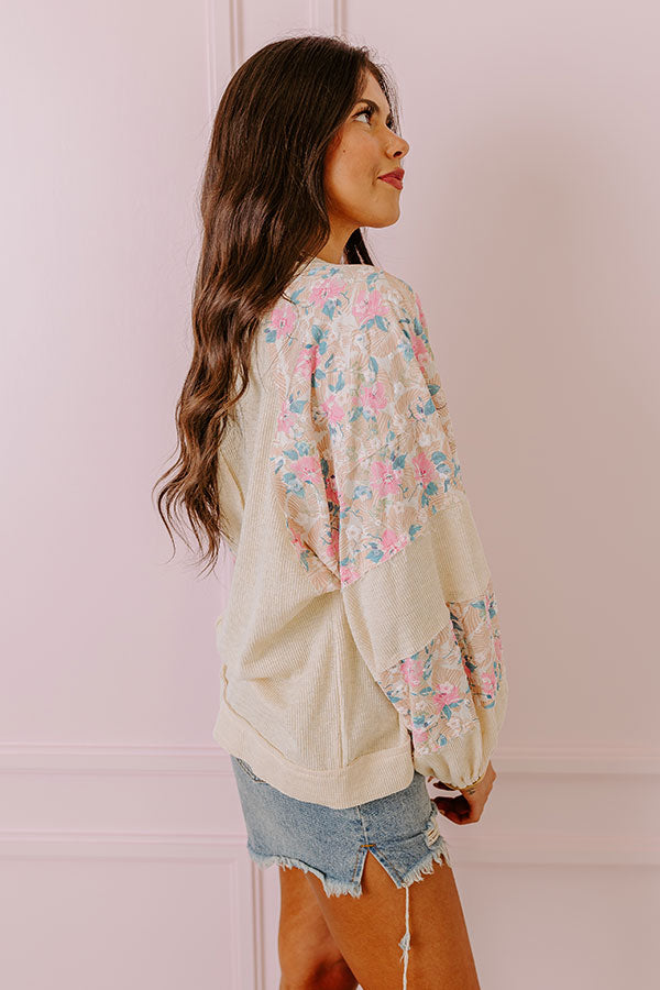 Premium Floral Ribbed Top - Champagne Elegance