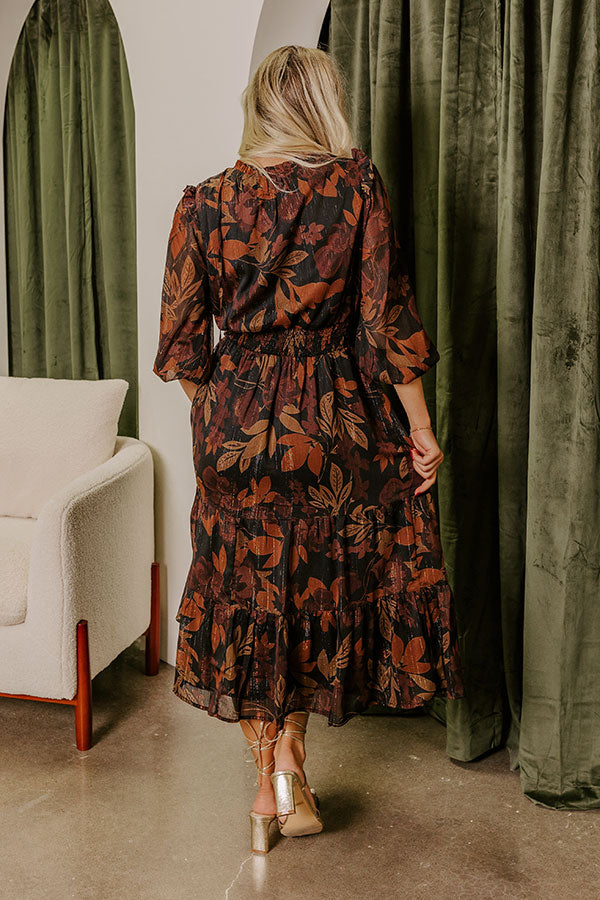 Premium Autumn Encounters Floral Midi Dress - Ultimate Elegance