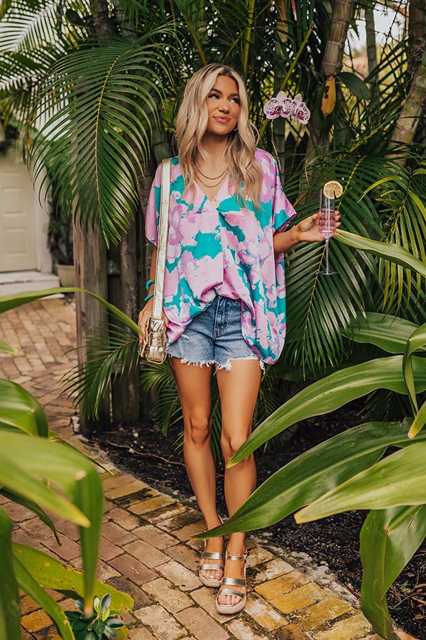 Premium Hibiscus Satin Top - Turquoise Bliss