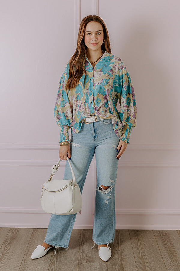 Ultimate Elegance: Premium Floral Button-Up Top in Blue