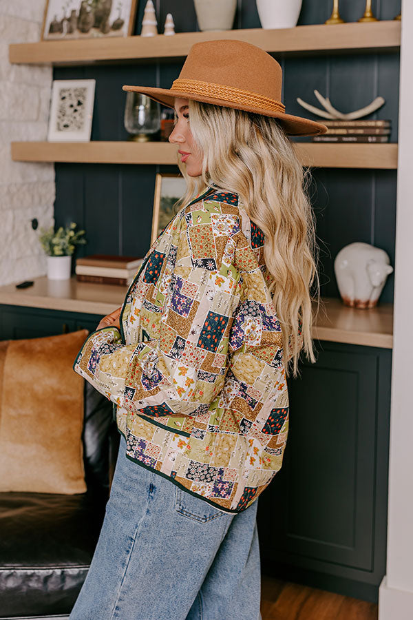 Premium Floral Quilted Jacket - Vintage Green & Yellow