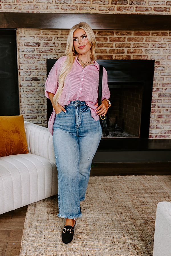 Premium Casually Chic Striped Button-Up Shirt in Pink Curves