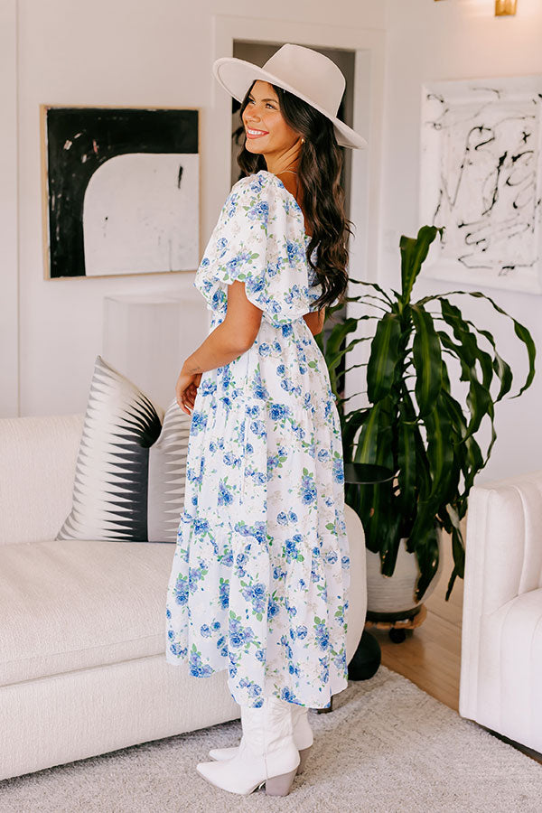 Premium Sky Blue Floral Midi Dress - Ultimate Elegance