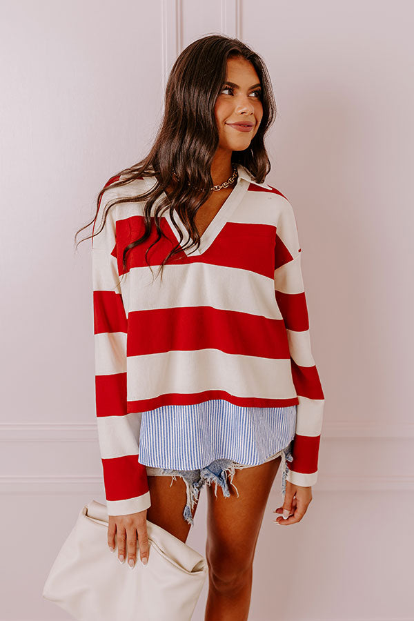 Premium Striped Casual Top - Red & Blue Accent