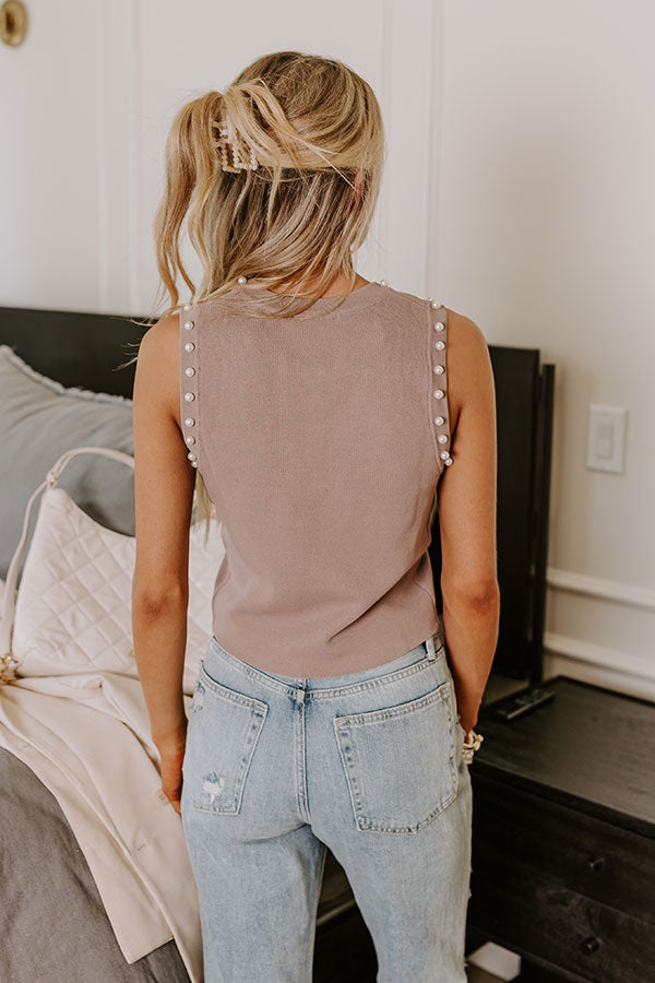 Premium Chic Pearl Embellished Knit Top - Taupe