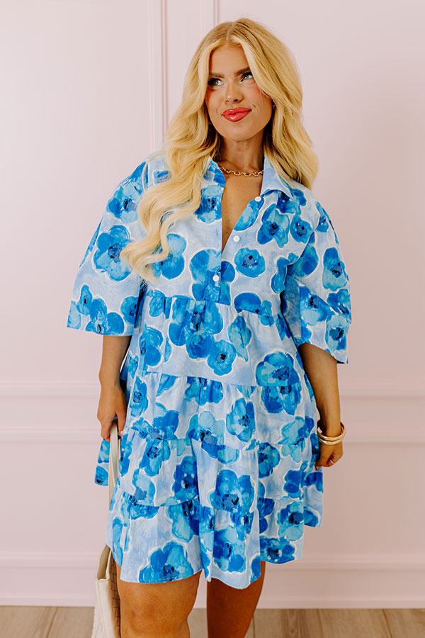 Premium Romantic Shift Dress - Blue Floral Elegance