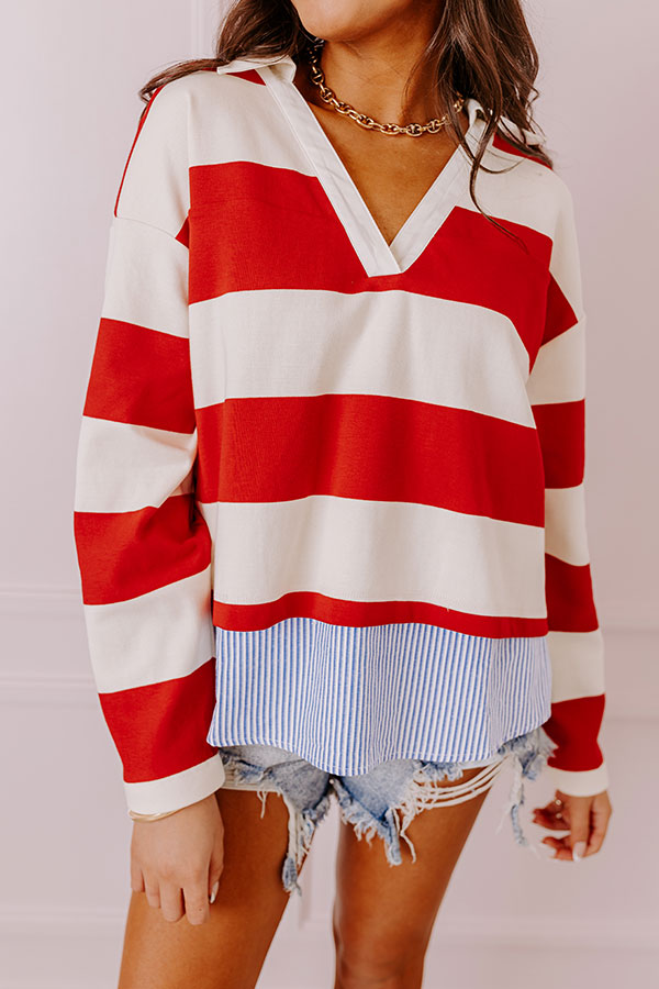 Premium Striped Casual Top - Red & Blue Accent