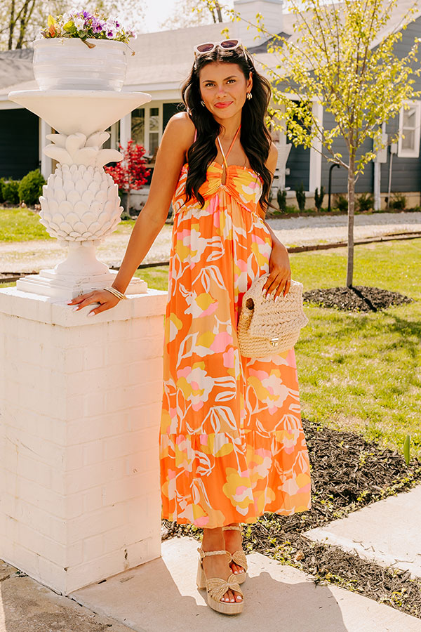 Premium Tropical Escape Midi Dress - Vibrant Orange