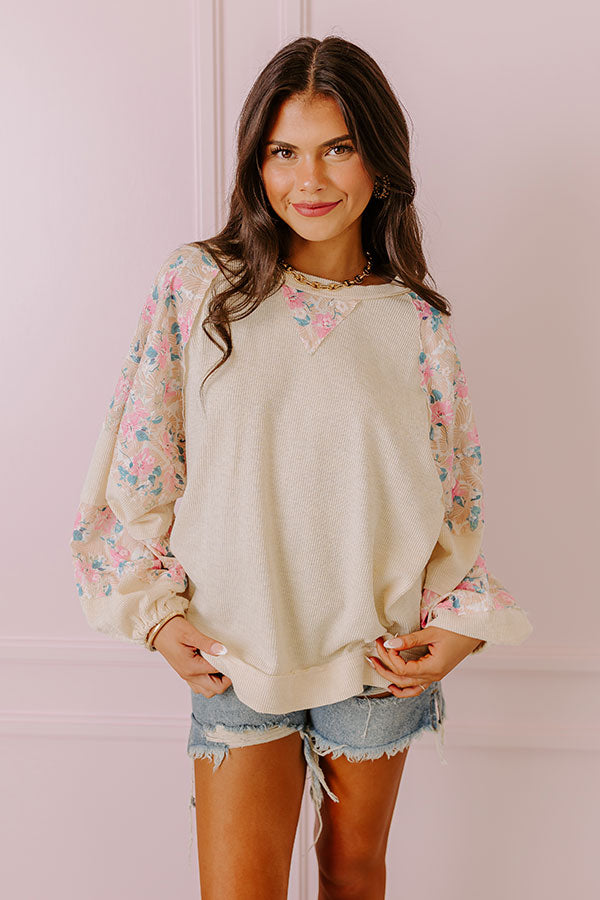 Premium Floral Ribbed Top - Champagne Elegance