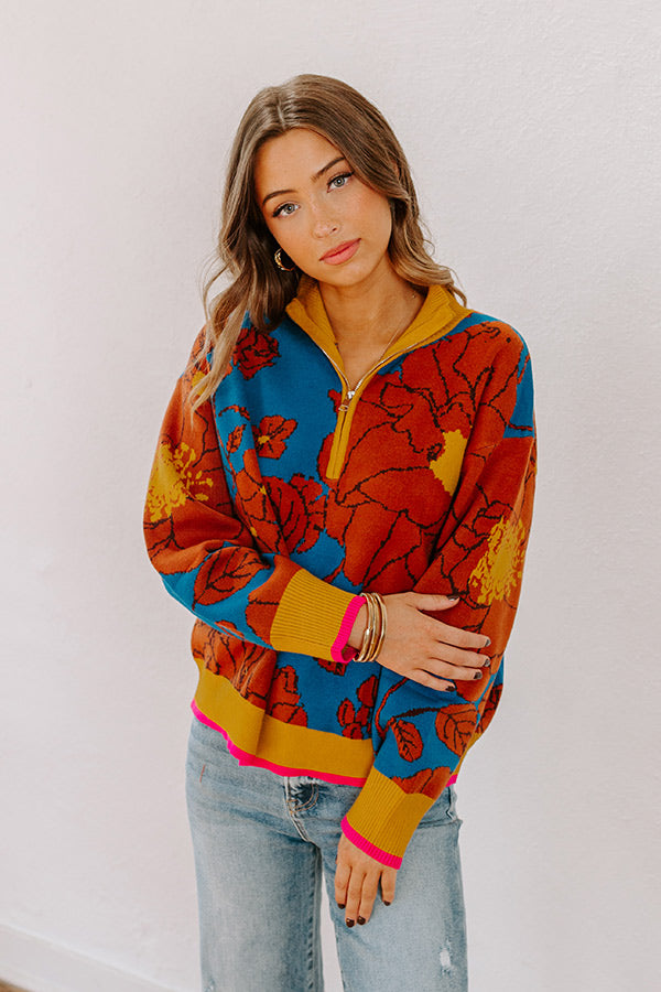 Premium Cider & Sunsets Floral Knit Sweater - Blue