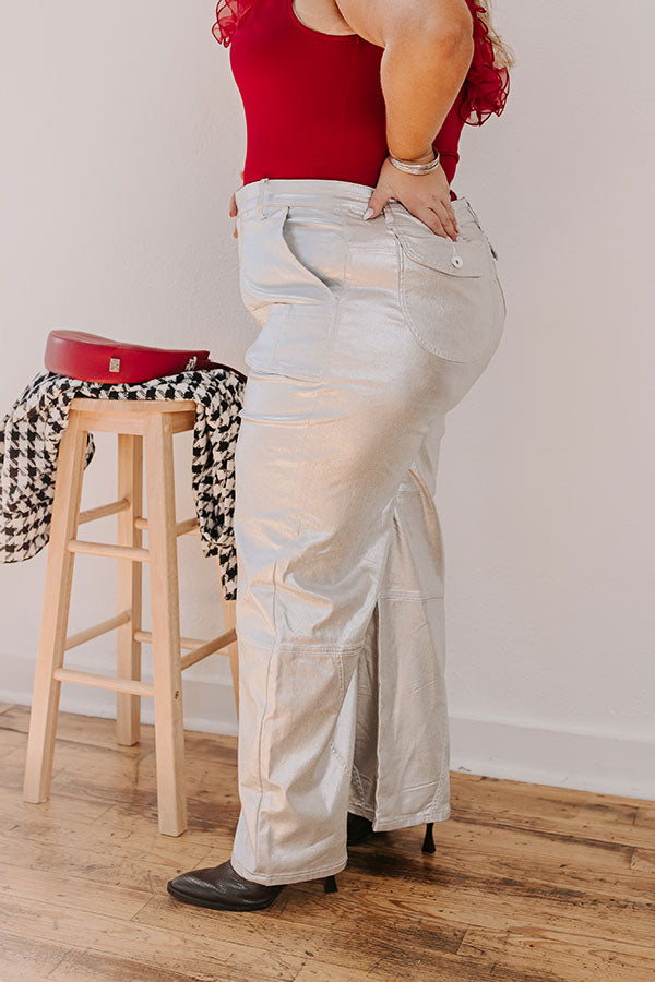 Premium Metallic High-Waist Pants - Silver Curves Collection