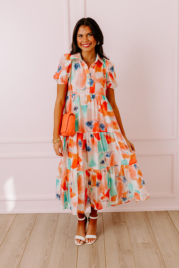 Premium Coral Floral Midi Dress – Graceful Elegance