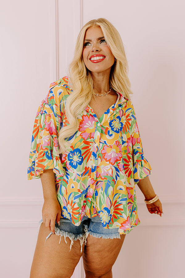 Premium Island Lover Button-Up Top - Tropical Floral Curves