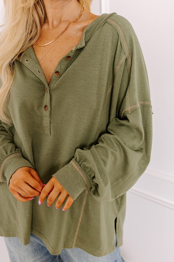 Premium Cafe Cutie Henley Tee - Olive Curves | Ultimate Comfort & Style