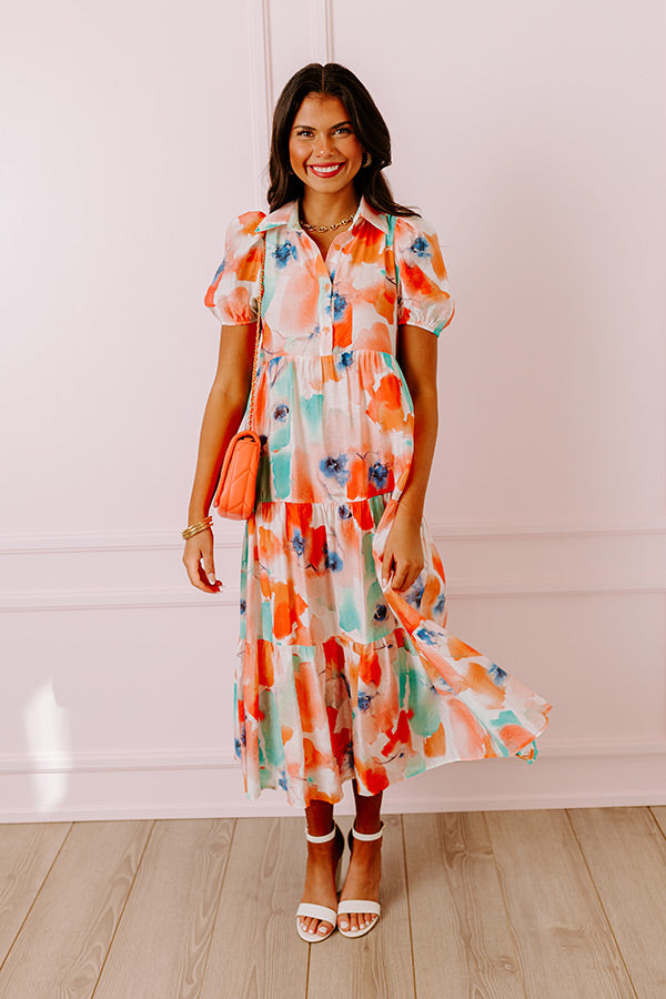 Premium Coral Floral Midi Dress – Graceful Elegance