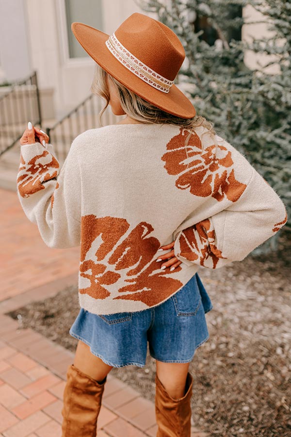 Premium Chai Latte & Cozy Floral Knit Sweater in Oatmeal