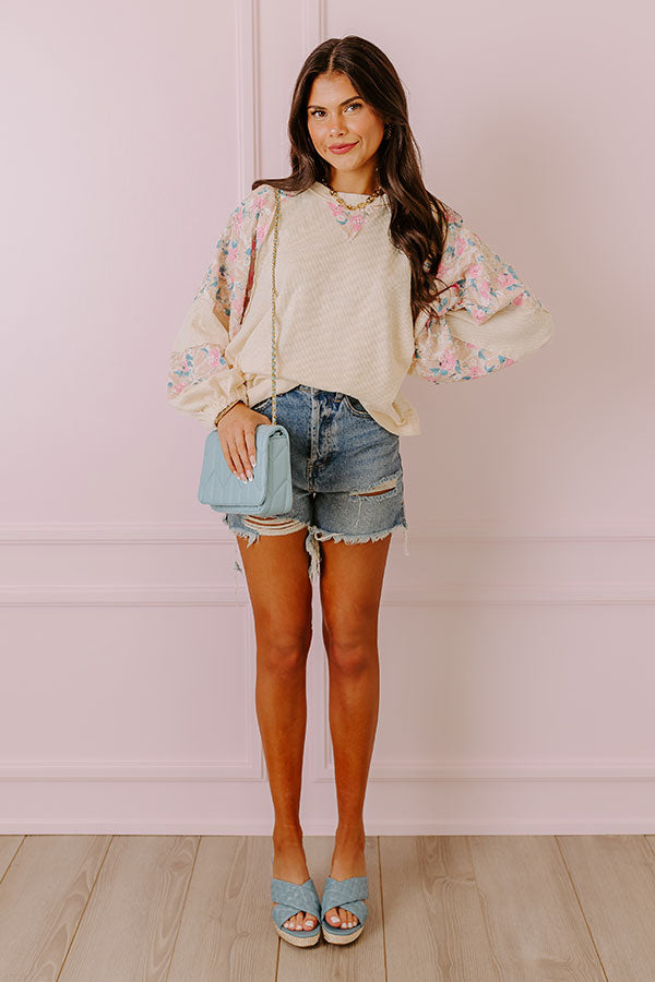 Premium Floral Ribbed Top - Champagne Elegance